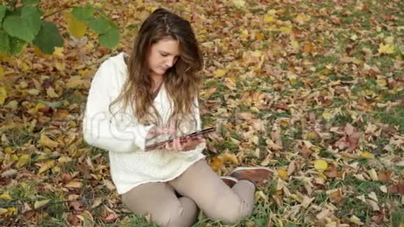 微笑的女孩在秋天的风景上户外视频的预览图