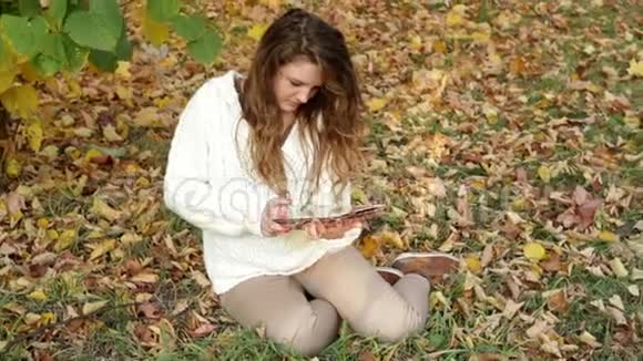 微笑的女孩在秋天的风景上户外视频的预览图