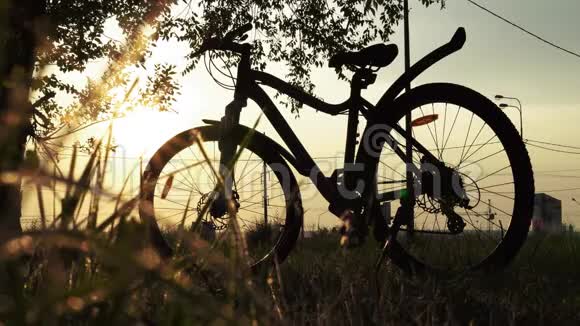 夕阳下美丽的自行车近景视频的预览图