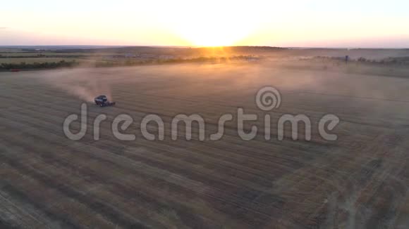 日落时分无人机收割机在麦田里工作视频的预览图