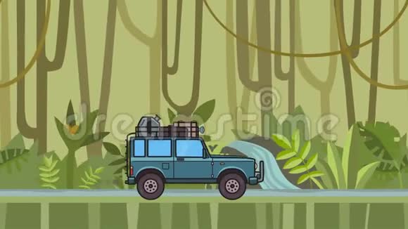动画SUV车行李在屋顶后备箱骑过雨林在丛林森林行驶越野车视频的预览图