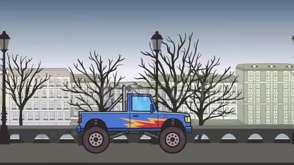 动画大轮怪物卡车骑过秋天的城市在城市公园背景下移动大脚卡车公寓视频的预览图