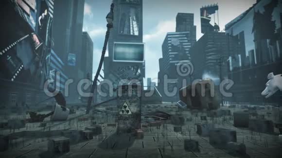 一个被毁的科幻城里的人造女人和狗的动画3D绘制视频的预览图