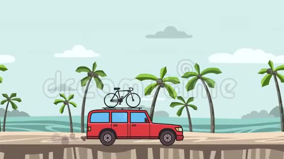 动画红色SUV车自行车在屋顶后备箱骑在海滩上移动小货车海景侧景公寓视频的预览图