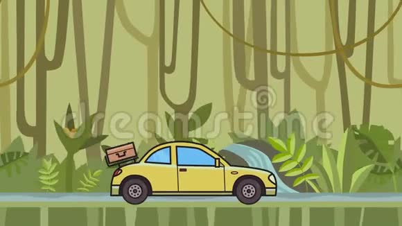 动画跑车与行李在后罩骑通过热带雨林在丛林和河流中移动掀背车视频的预览图