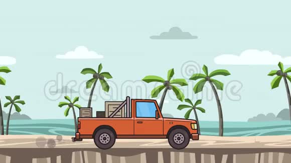 动画红色皮卡箱子在后备箱骑在海滩上移动送货车海景侧视公寓视频的预览图