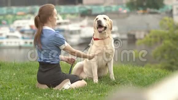 一个女人和她美丽的狗躺在户外的肖像视频的预览图