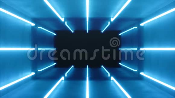 循环三维动画无缝抽象蓝色房间内部与蓝色发光霓虹灯荧光灯未来视频的预览图