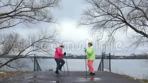 秋天公园里的一位老妇人在北欧散步前做热身运动视频的预览图