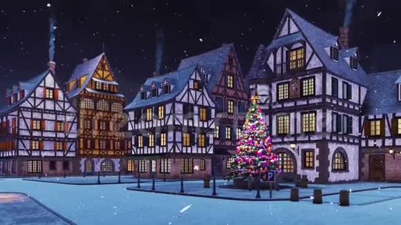 在下雪的圣诞夜3D清空欧洲小镇视频的预览图