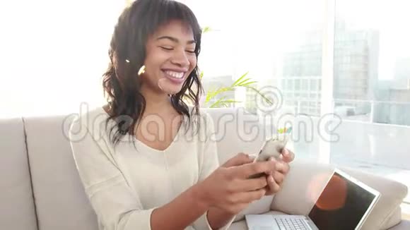 微笑的女人坐在沙发上手提电脑发短信视频的预览图