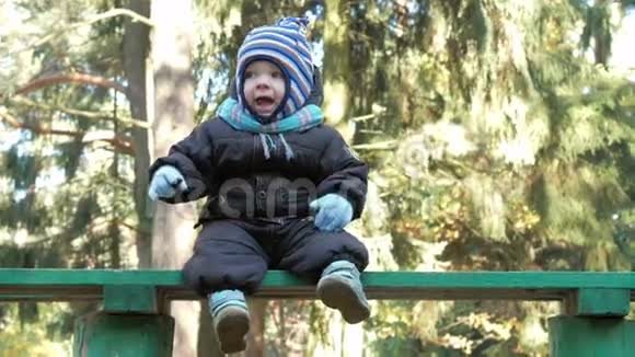 美丽的宝宝在秋天公园玩孩子穿着一套西装戴着一顶帽子戴着一条围巾这个男孩大约是一个视频的预览图