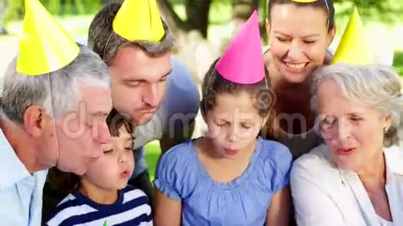 家庭在公园庆祝小女孩生日视频的预览图
