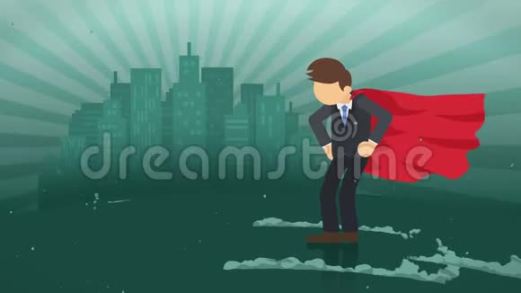 站在城市背景上的超级英雄近一片尘埃云商业象征领导力和成就理念喜剧循环动画视频的预览图