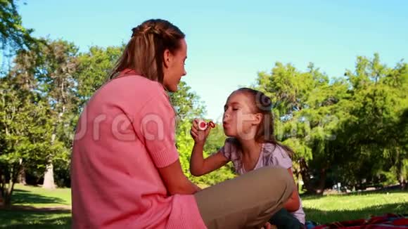 小女孩在公园里向她妈妈吹泡泡视频的预览图