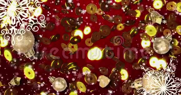 中国红色新年无缝隙循环背景与硬币雪花4k视频的预览图