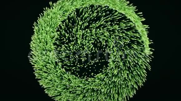 绿色生长粒子在黑色背景上螺旋运动的抽象动画五彩缤纷的动画视频的预览图