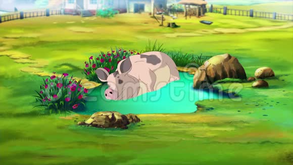 粉红色的猪妈妈和小猪在水坑附近视频的预览图