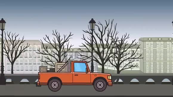 带有箱子的动画皮卡车在穿过秋天的城市城市公园背景下的移动送货车视频的预览图