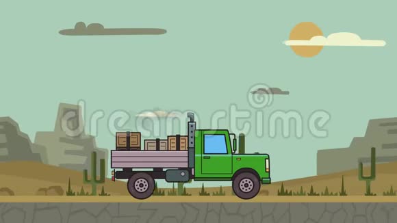 动画绿色卡车箱子在后备箱骑过峡谷沙漠在沙漠上行驶重型汽车视频的预览图