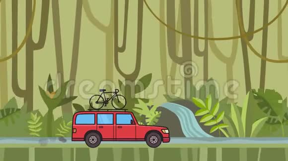 动画红色SUV车骑着自行车在屋顶后备箱骑着穿过雨林在丛林和河流上移动小型货车视频的预览图