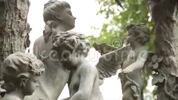 花园雕像复古特写睡天使在布宜诺斯艾利斯的拉雷科莱塔公墓花园雕塑丘比特视频的预览图