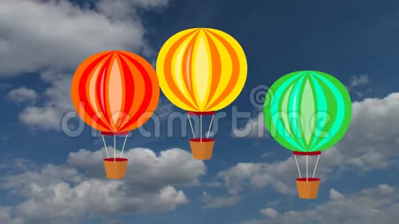 蓝天白云上的气球照片背景上的动画鲜艳颜色的气球视频的预览图
