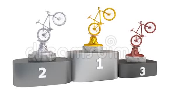 高山自行车金银青铜奖杯及大理石底座在平台上无限旋转视频的预览图