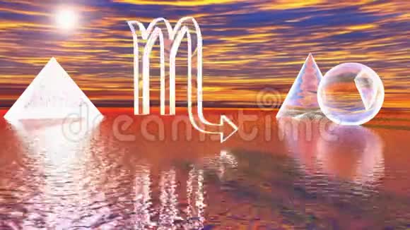 黄道十二宫蝎子星座在海面上旋转靠近其他3D形状3D渲染视频视频的预览图