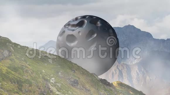 神秘的漂浮物飞碟盘旋在山景之上三维渲染无缝循环动画视频的预览图