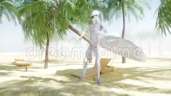 有趣的外星人在阳光明媚的海边跳舞旅游和休息理念逼真的4K动画视频的预览图