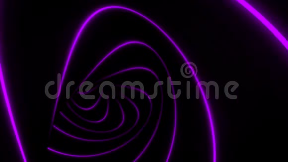 抽象动画的异想天开弯曲的紫色霓虹灯线移动在螺旋上的黑色背景动画视频的预览图