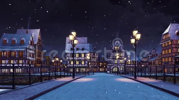 冬天的夜晚白雪皑皑的欧洲小镇空无一人视频的预览图