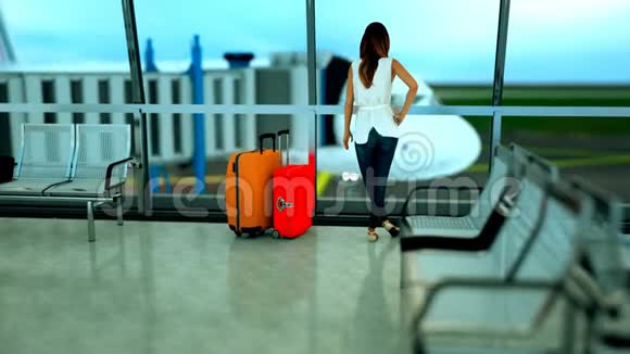 站在机场候机楼窗口的女人出行理念人在机场现实4K动画视频的预览图