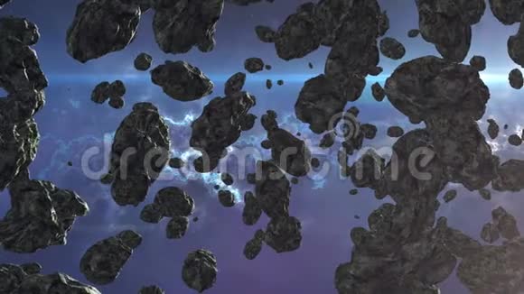 蓝色银河系和小行星有星星和太阳眩光太空场景很深的空间视频的预览图