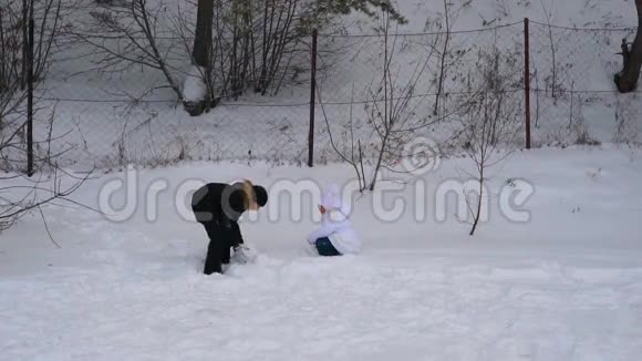 女孩和男孩玩雪球兄弟姐妹在冬季公园玩得很开心霜冬阴天视频的预览图