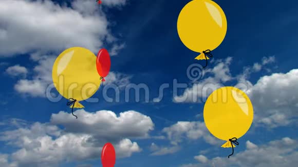 鲜艳颜色的充气气球蓝天上的气球美丽的白云照片背景上的动画视频的预览图