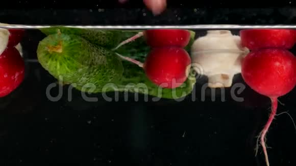 新鲜蔬菜在黑色背景下掉水视频的预览图