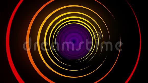 黑色背景上的彩色螺旋线动画抽象催眠线在黑色空间中发光和旋转明线视频的预览图