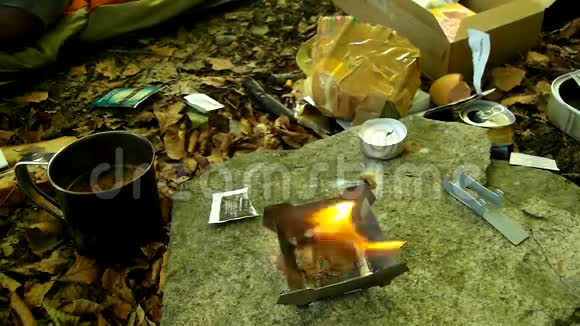 小火小游客在森林中的平地巨石上烧炉视频的预览图