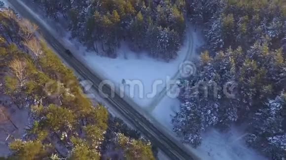 一辆车在乡村公路上穿过冬季森林从无人驾驶飞机俯视穿过森林的道路的鸟瞰图视频的预览图