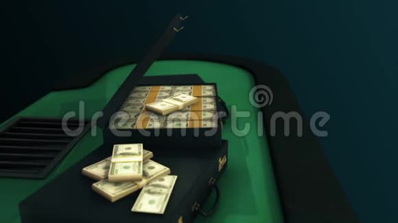 动画三个黑色手提箱与组合锁和一堆美元躺在桌子上与绿色封面和视频的预览图