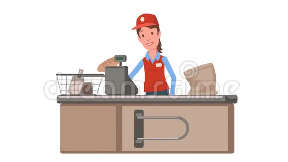 超市收银台的收银员女士杂货店售货员平面动画孤立在白色背景上视频的预览图