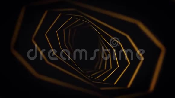 抽象活动与旋转黄金隧道在黑色背景无缝循环动画黄色的抽象漏斗视频的预览图