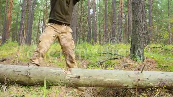伐木工人用大斧头砍倒了一棵树砍断了森林中的许多碎片健康强壮的成人视频的预览图