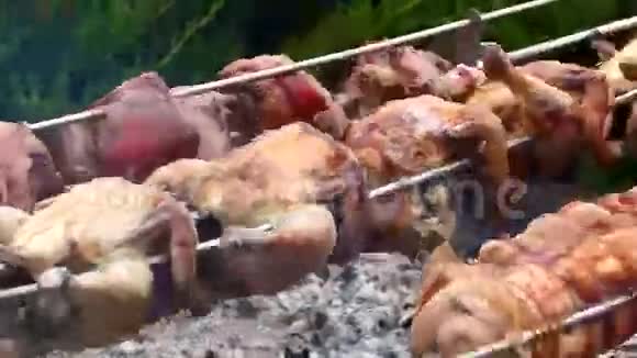 一排排鸡猪指关节和肌肉肉在烤架上烹饪视频的预览图