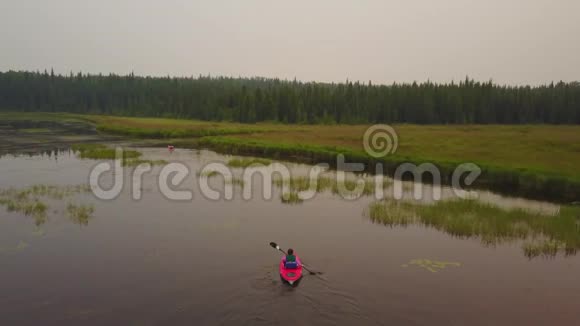 一对夫妇在皮划艇上划水享受着平静朦胧的湖泊视频的预览图