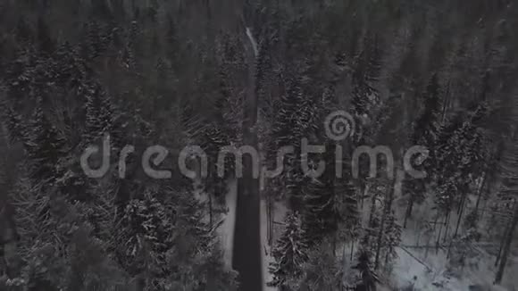 冬天的公路穿过雪林冬季森林道路无人机景观视频的预览图
