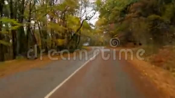 沿着蜿蜒的道路在秋天的森林中行驶视频的预览图
