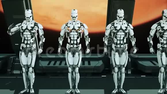 机器人士兵乘宇宙飞船在火星的背景下敬礼不明飞行物的未来概念循环背景视频的预览图
